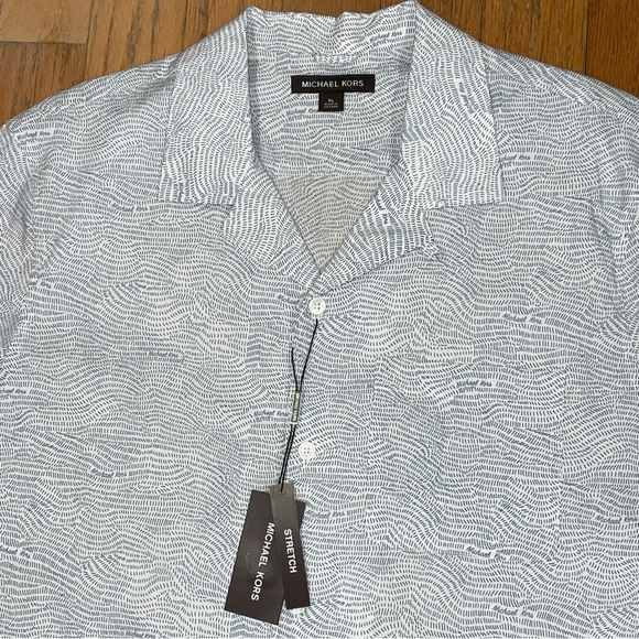 Michael Kors Men's Printed Stretch Cotton Button Down Shirt White Blue XL NEW - Picture 2 of 7
